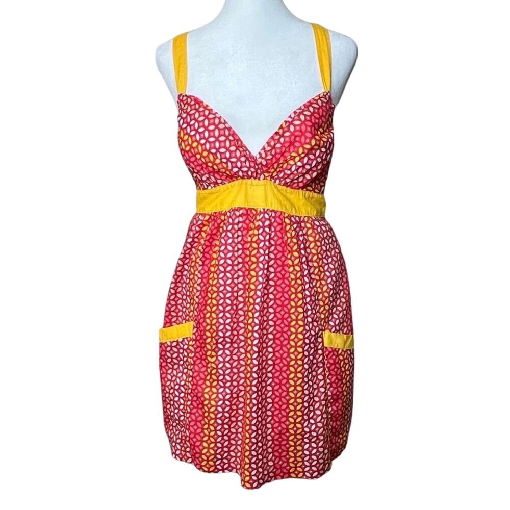 Hollister Y2K Retro Babydoll Dress Red Yellow Geometric L Smocked Back Pockets